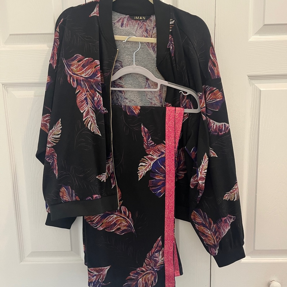 IMAN Black Bomber Jacket with Pants with Pink and Purple Leaf Design